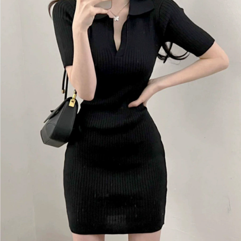 V-Neck Knit Mini Dress -襟付きリブニット-