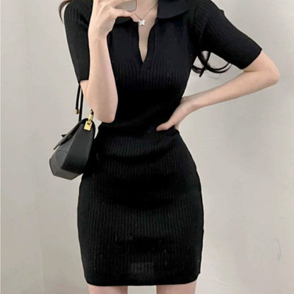 V-Neck Knit Mini Dress -襟付きリブニット-